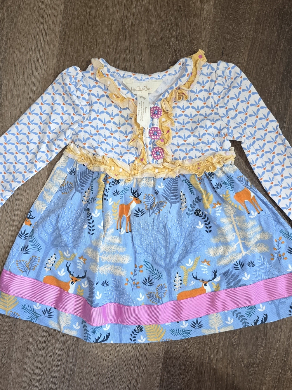 Matilda Jane Blue Deer & Pink Trim Ruffle Dress